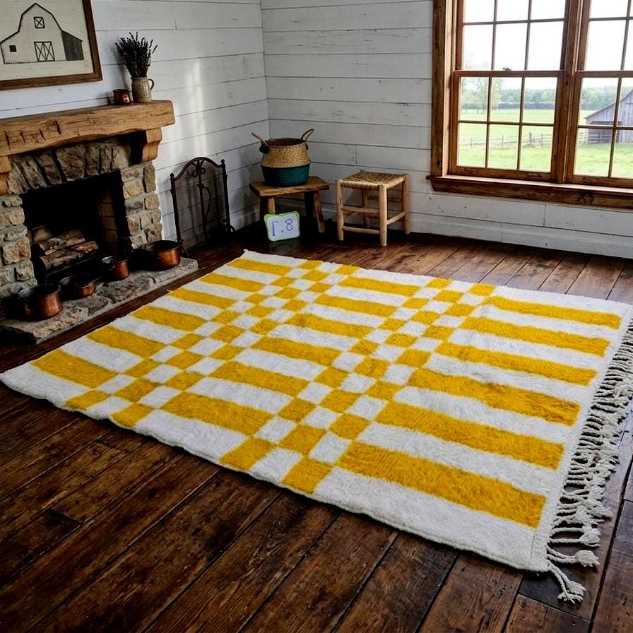 Vibrant Yellow Beni Ourain Rug – Handmade Moroccan Berber Wool Carpet, Checkered Square Design