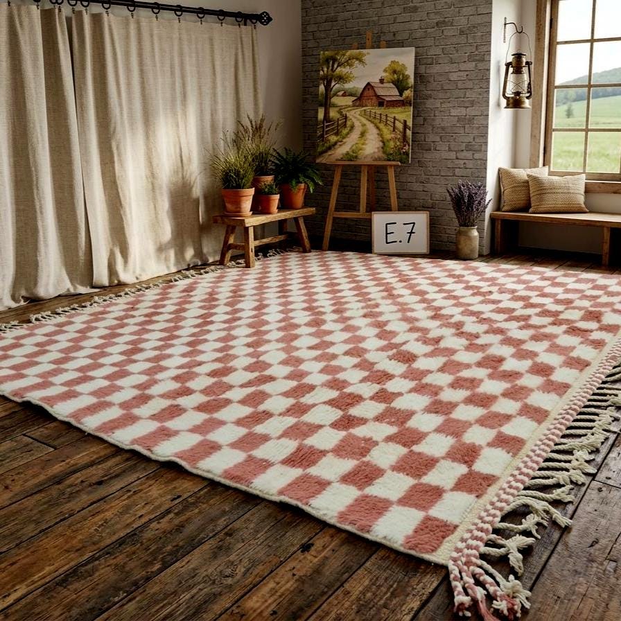 Handmade Beni Ourain Rug – Moroccan Checkered Carpet, White & Ballerina Pink Berber Wool Rug
