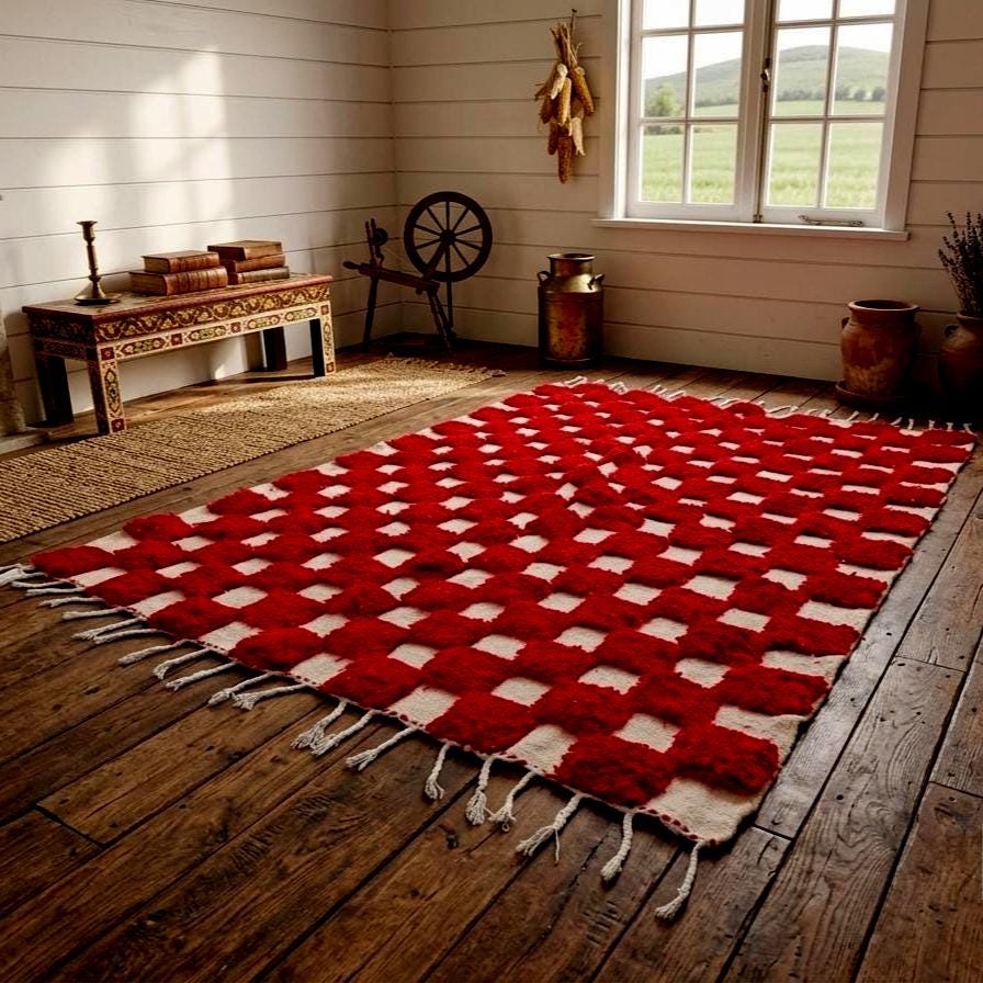 Red & White Check Rug 4x6, Beni Ourain Moroccan Rug, Berber Wool Area Carpet
