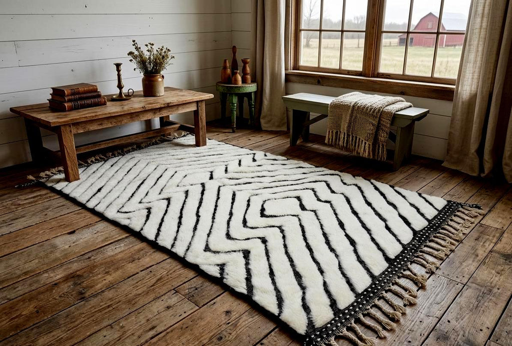 Tufted Beni Ouarain Rug – Custom Moroccan Shag Rug, White & Black Handmade Berber Wool Carpet, Custom Area Rug