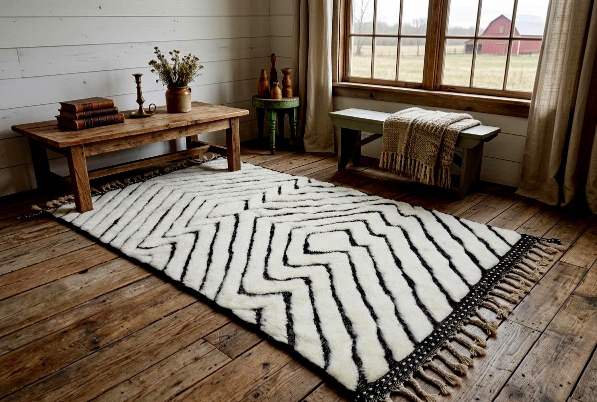 Tufted Beni Ouarain Rug – Custom Moroccan Shag Rug, White & Black Handmade Berber Wool Carpet, Custom Area Rug