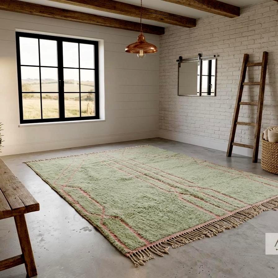 Sage Green Rug Moroccan Rug, Beni Ourain Abstract Rug, Handwoven Wool Area Rug, Boho Custom Size Carpet