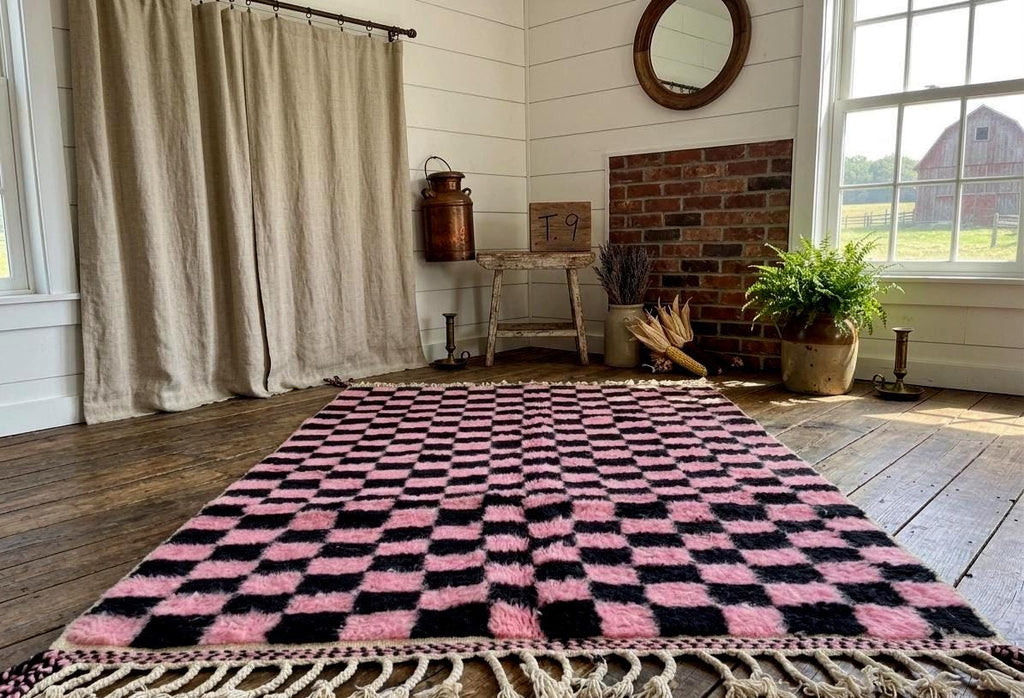 Pink Moroccan Rug, Beni Ouarain Checkered Carpet, Black & Pink Berber Rug, Handmade Wool Area Rug, Custom Size