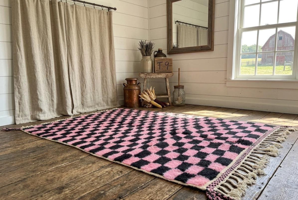 Pink Moroccan Rug, Beni Ouarain Checkered Carpet, Black & Pink Berber Rug, Handmade Wool Area Rug, Custom Size