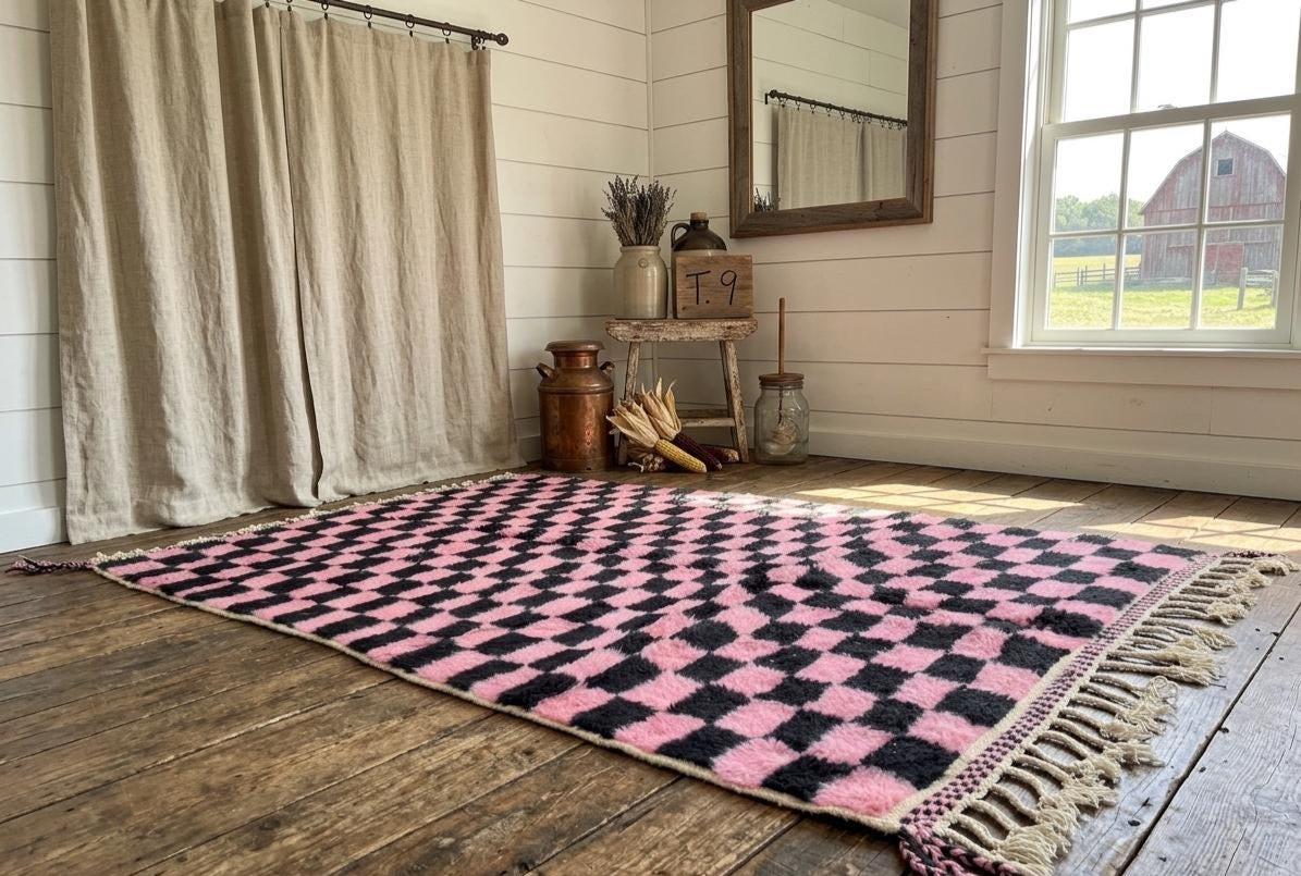 Pink Moroccan Rug, Beni Ouarain Checkered Carpet, Black & Pink Berber Rug, Handmade Wool Area Rug, Custom Size