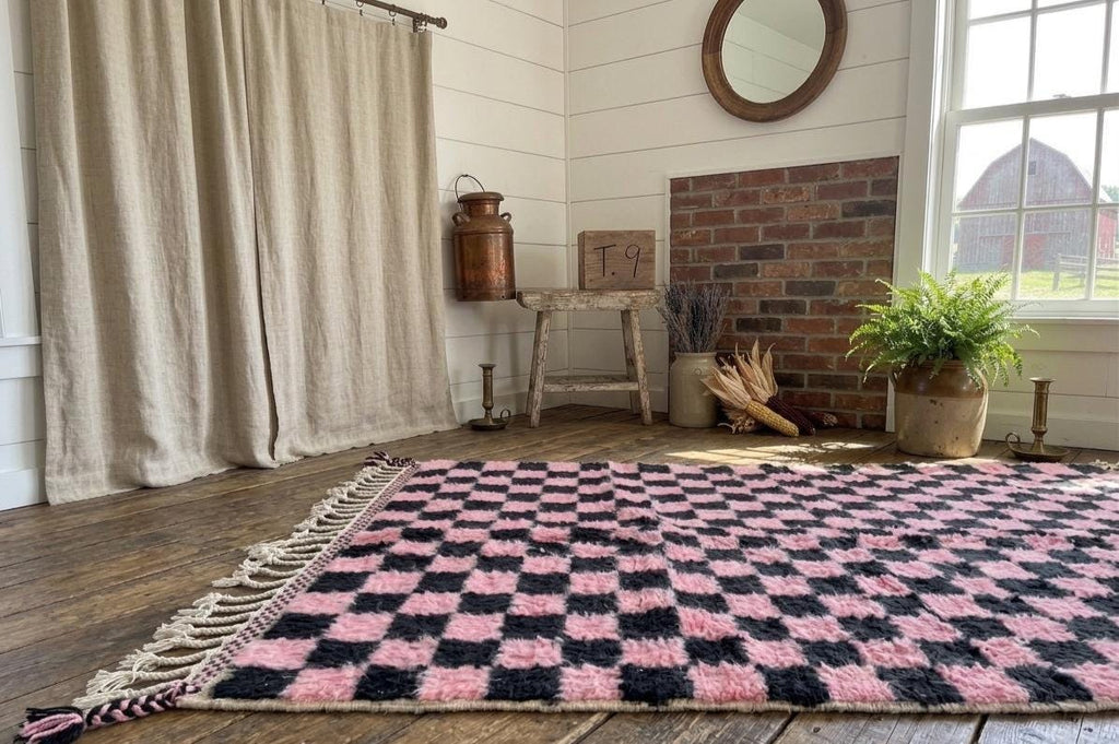 Pink Moroccan Rug, Beni Ouarain Checkered Carpet, Black & Pink Berber Rug, Handmade Wool Area Rug, Custom Size