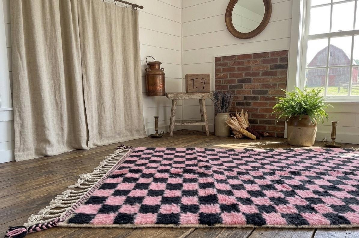 Pink Moroccan Rug, Beni Ouarain Checkered Carpet, Black & Pink Berber Rug, Handmade Wool Area Rug, Custom Size