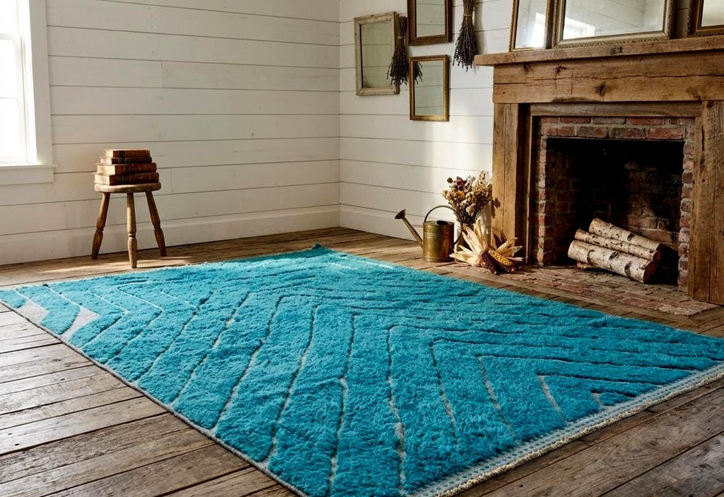 Gorgeous Moroccan Rug, Beni Ourain Shag Rug, Turquoise Striped Wool Carpet, Handmade Berber Rug, Custom Size