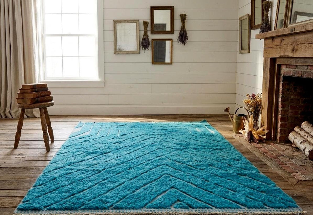 Gorgeous Moroccan Rug, Beni Ourain Shag Rug, Turquoise Striped Wool Carpet, Handmade Berber Rug, Custom Size