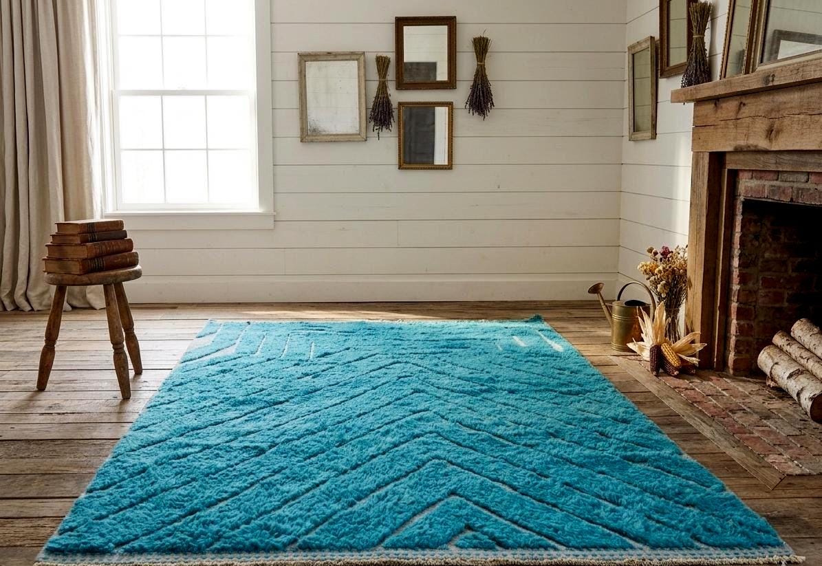 Gorgeous Moroccan Rug, Beni Ourain Shag Rug, Turquoise Striped Wool Carpet, Handmade Berber Rug, Custom Size