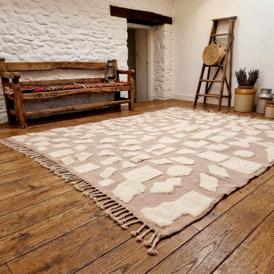 Hand Knotted Wool Berber Rug Modern Moroccan Beni Ourain Rug, Handmade Shaggy Wool Area Rug, Tribal Geometric Carpet , Boho Home Decor