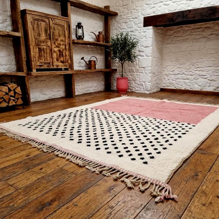 Beni Ourain Rug White Pink Moroccan Rug, Custom Size Berber Wool Rug, Dotted Handmade Area Rug, Boho Shaggy Carpet Decor