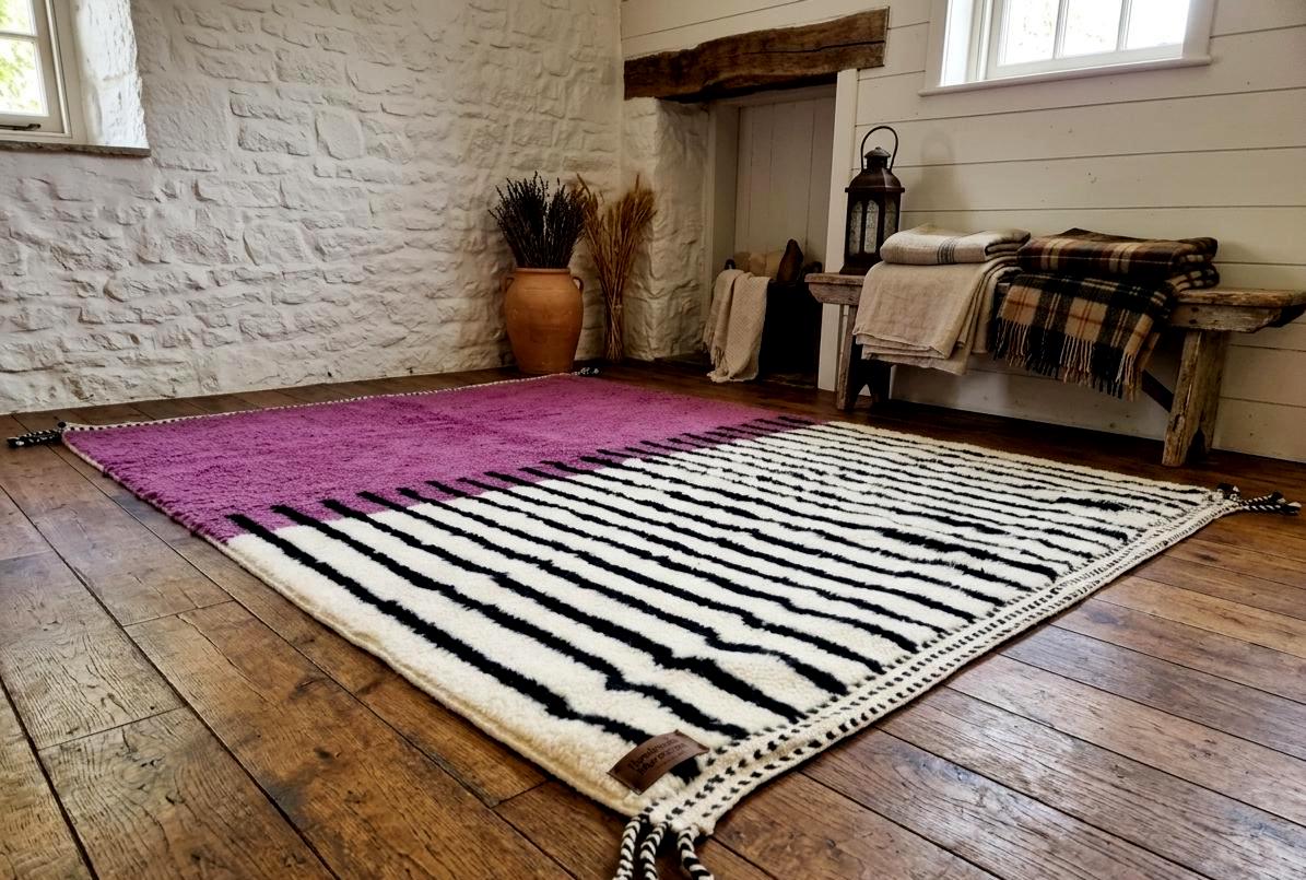 Purple and Black Moroccan Rug, Beni Ouarain Stripe Carpet, Black & Pink Berber Rug, Handmade Wool Area Rug, Custom Size