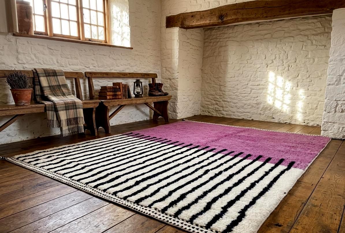 Purple and Black Moroccan Rug, Beni Ouarain Stripe Carpet, Black & Pink Berber Rug, Handmade Wool Area Rug, Custom Size