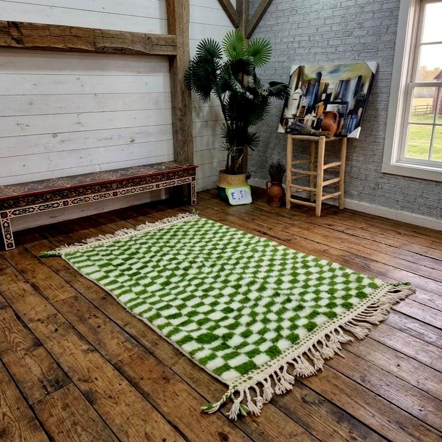 Green and White Checkered Moroccan Rug, Handmade Berber Wool Rug, Boho Area Carpet, Soft Tribal Rug, Modern Home Decor