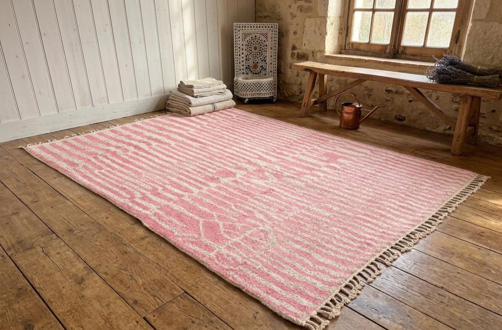 Moroccan Soft Rose Rug – Beni Ourain Style Handmade Wool Berber Rug, Striped Modern Fluffy Area Rug