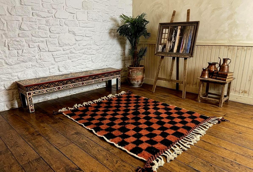 Moroccan Beni Ourain Checkered Rug, Handmade Wool Berber Carpet, Black Brown Area Rug, Authentic Tribal Decor Rug