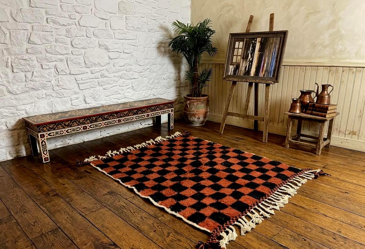 Moroccan Beni Ourain Checkered Rug, Handmade Wool Berber Carpet, Black Brown Area Rug, Authentic Tribal Decor Rug