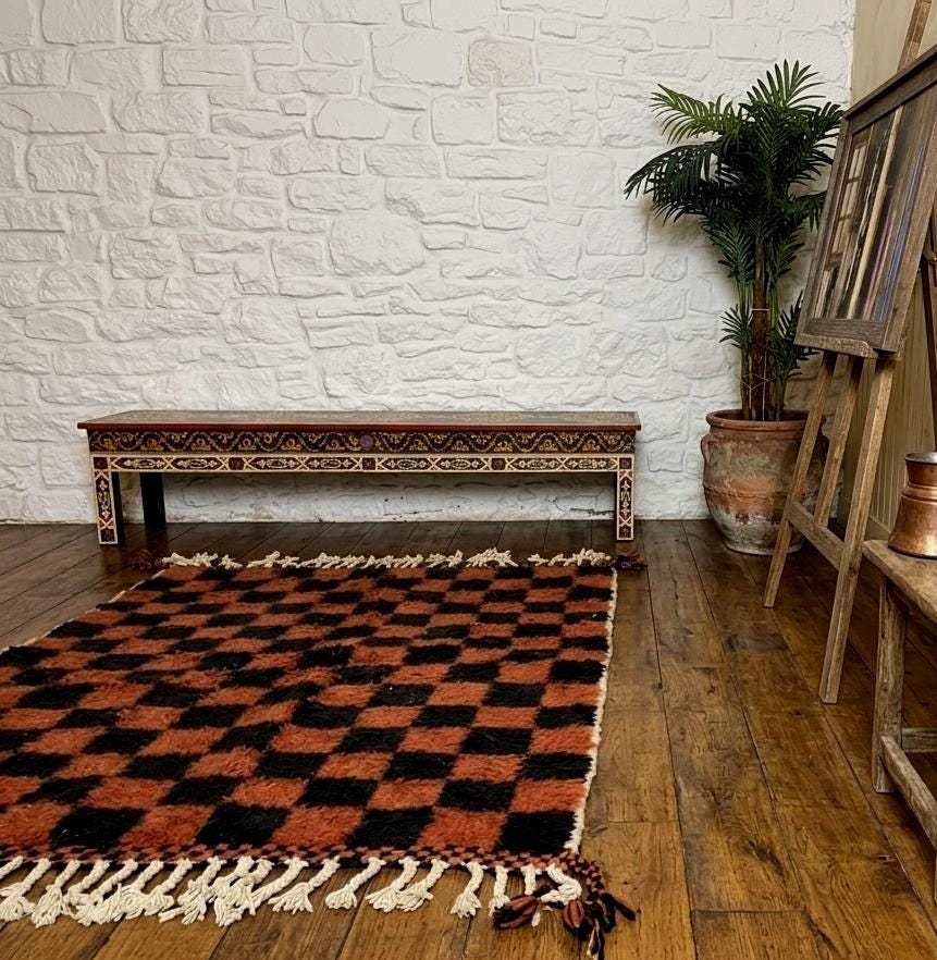Moroccan Beni Ourain Checkered Rug, Handmade Wool Berber Carpet, Black Brown Area Rug, Authentic Tribal Decor Rug