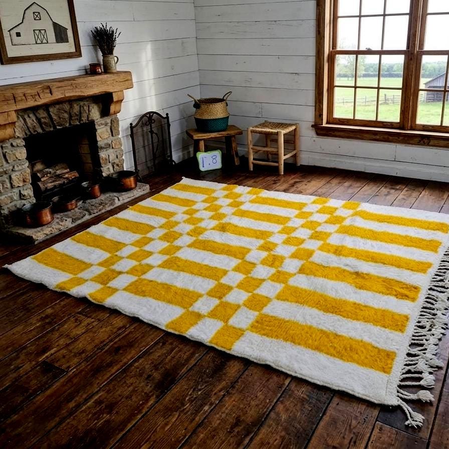 Vibrant Yellow Beni Ourain Rug – Handmade Moroccan Berber Wool Carpet, Checkered Square Design