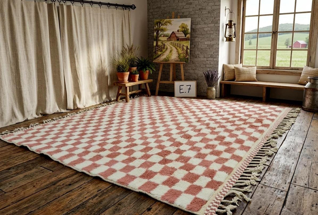 Handmade Beni Ourain Rug – Moroccan Checkered Carpet, White & Ballerina Pink Berber Wool Rug