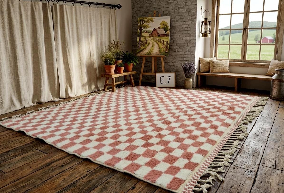 Handmade Beni Ourain Rug – Moroccan Checkered Carpet, White & Ballerina Pink Berber Wool Rug