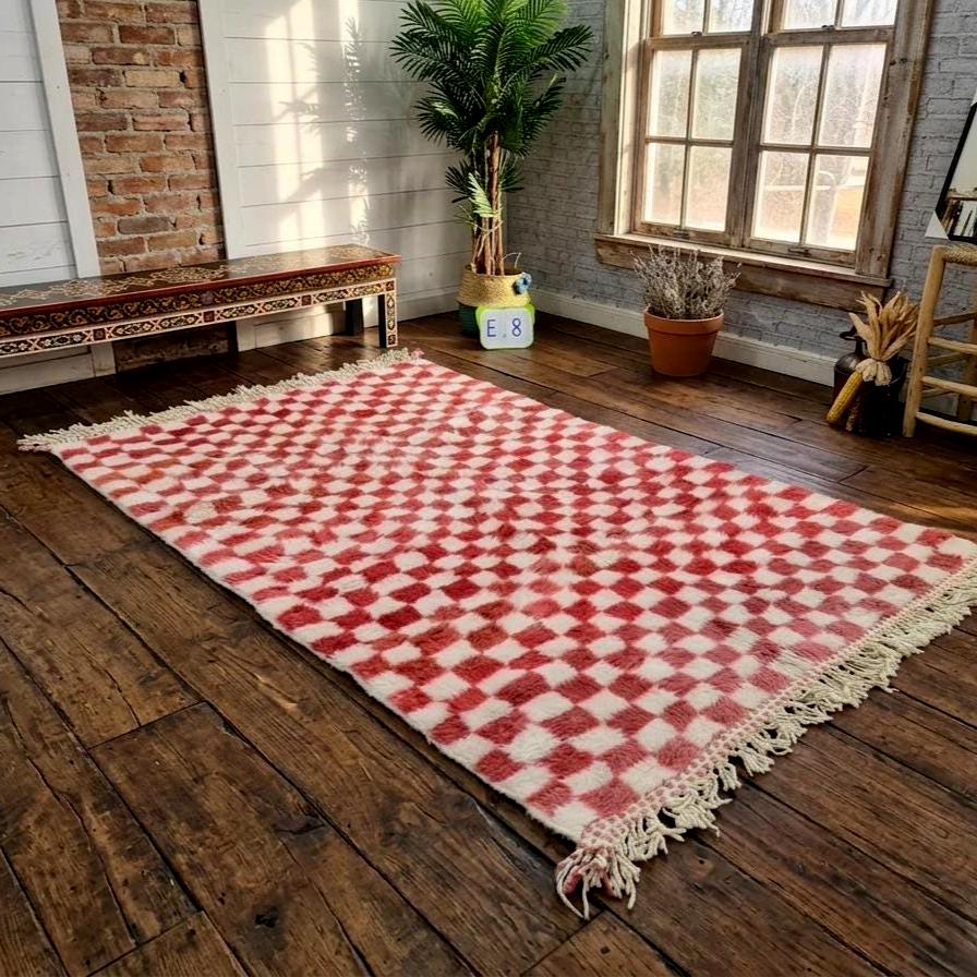 Gorgeous Beni Ourain Rug, Moroccan Handmade Carpet, Cerise Pink & White Checkered Berber Wool Rug