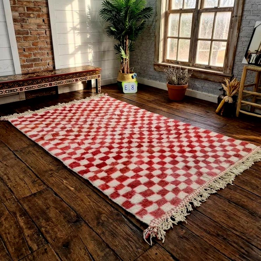Gorgeous Beni Ourain Rug, Moroccan Handmade Carpet, Cerise Pink & White Checkered Berber Wool Rug