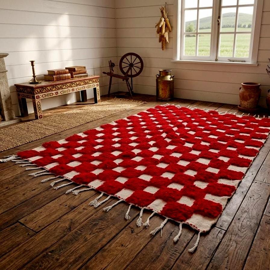 Red & White Check Rug 4x6, Beni Ourain Moroccan Rug, Berber Wool Area Carpet