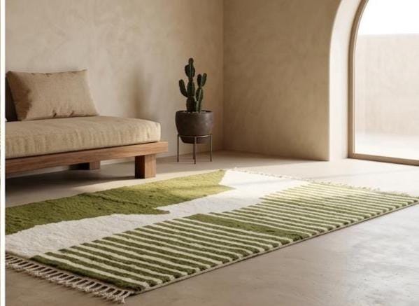 Moroccan Beniourain Rug – Custom Handmade Wool Carpet, Green and White Berber Abstract Area Rug
