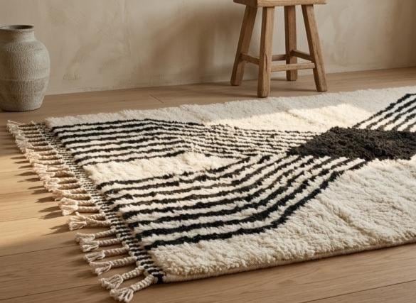 Moroccan Striped Beniourain Rug 8x9 – Handmade Berber Wool Carpet, White and Black Area Rug, Custom Size