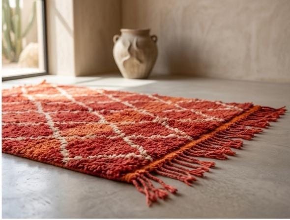 Handmade Moroccan Tufted Rug Red & Cream | Beni Ourain Style Geometric Rug | Bohemian Area Rug | Soft Wool Shag Carpet