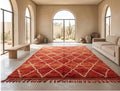 Handmade Moroccan Tufted Rug Red & Cream | Beni Ourain Style Geometric Rug | Bohemian Area Rug | Soft Wool Shag Carpet