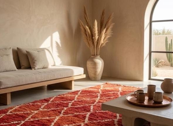 Handmade Moroccan Tufted Rug Red & Cream | Beni Ourain Style Geometric Rug | Bohemian Area Rug | Soft Wool Shag Carpet