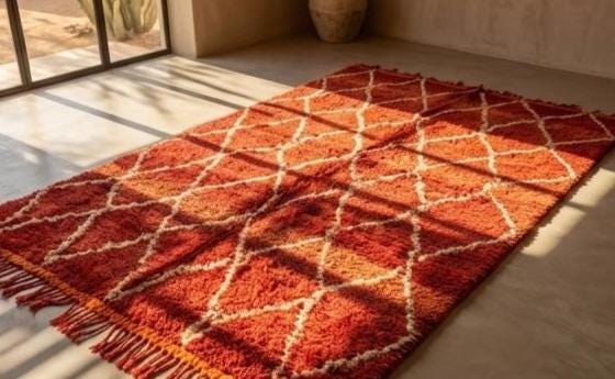 Handmade Moroccan Tufted Rug Red & Cream | Beni Ourain Style Geometric Rug | Bohemian Area Rug | Soft Wool Shag Carpet