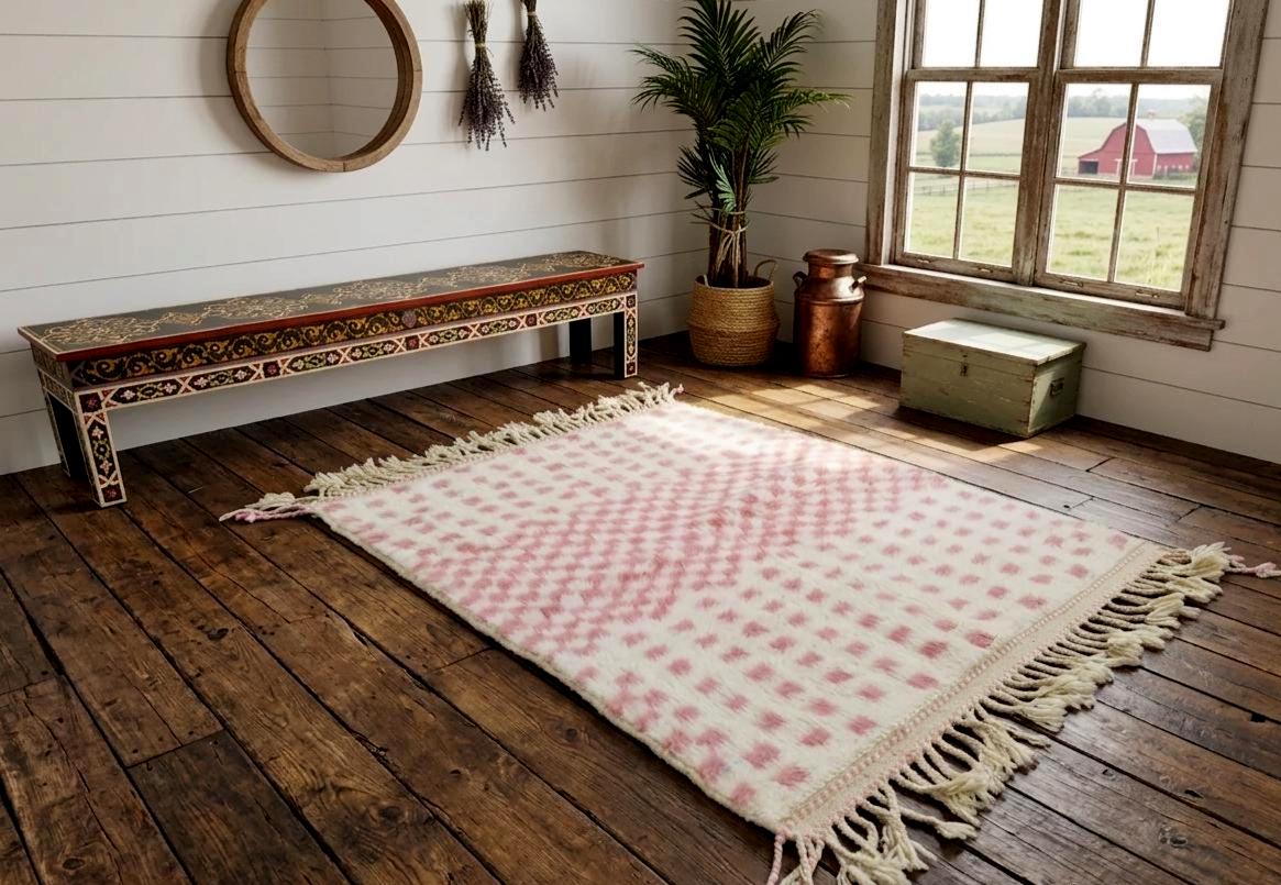 Pink and White Moroccan Beni Ourain Rug, Checkered Berber Wool Rug, Handmade Handwoven Area Carpet