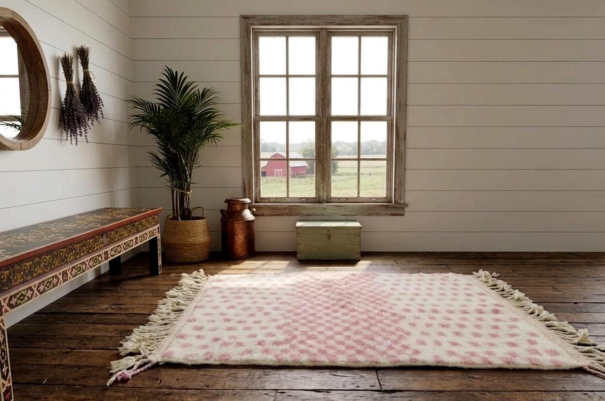 Pink and White Moroccan Beni Ourain Rug, Checkered Berber Wool Rug, Handmade Handwoven Area Carpet