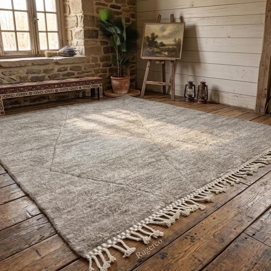 Moroccan Brown Wool Rug – Handmade Beni Ourain Berber Rug, Tribal Abstract Geometric Area Carpet Home Decor