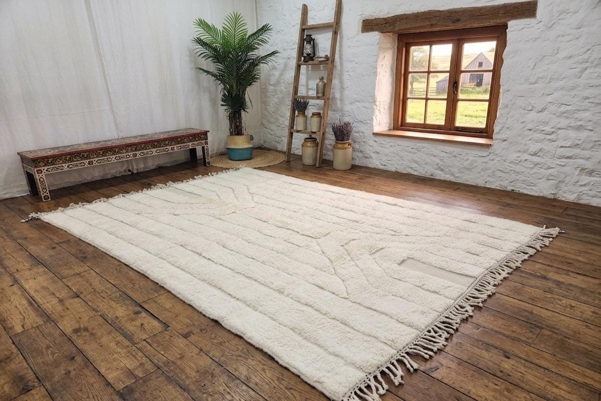 Stunning Beni Ourain Rug – Moroccan Handmade Wool Rug, White Striped Berber Rug, Handwoven Area Rug Artisan Made Area Rug