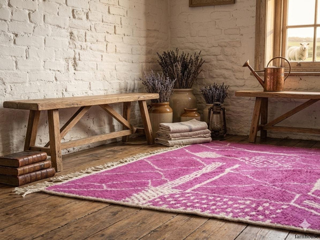 Tribal Nomad Rug– Beni Ourain Style Handmade Wool Berber Rug, Striped Modern Fluffy Area Rug Pink Color Rug