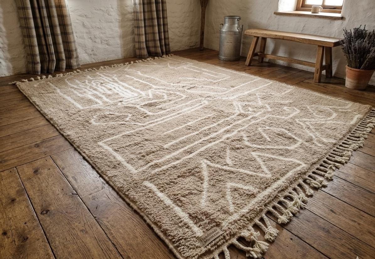 Moroccan Brown Wool Rug – Handmade Beni Ourain Berber Rug, Tribal Abstract Geometric Area Carpet