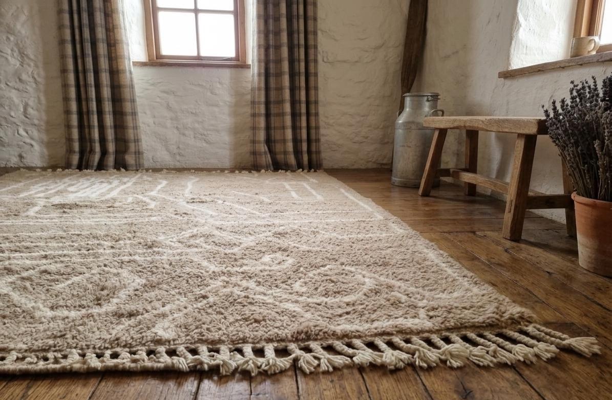 Moroccan Brown Wool Rug – Handmade Beni Ourain Berber Rug, Tribal Abstract Geometric Area Carpet