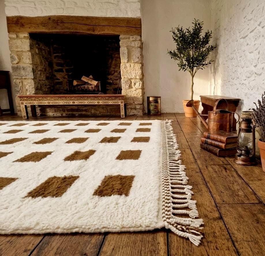 Checkerboard Beni Ourain Rug, Moroccan Handmade Wool Rug, White Brown Berber Carpet, Tribal Area Rug, Soft Sheep Wool Rug