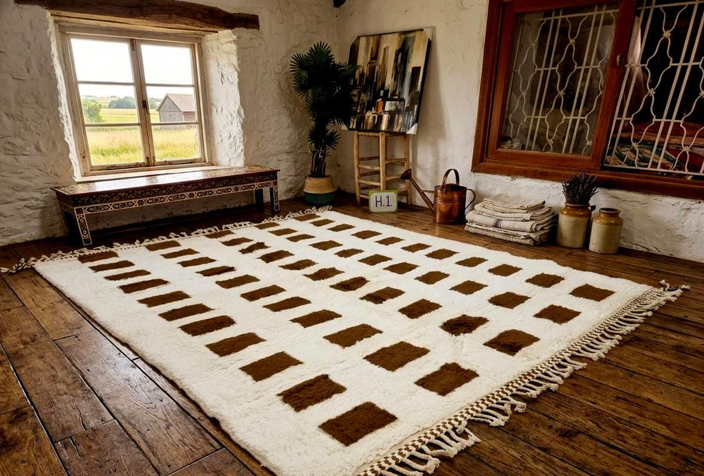 Checkerboard Beni Ourain Rug, Moroccan Handmade Wool Rug, White Brown Berber Carpet, Tribal Area Rug, Soft Sheep Wool Rug