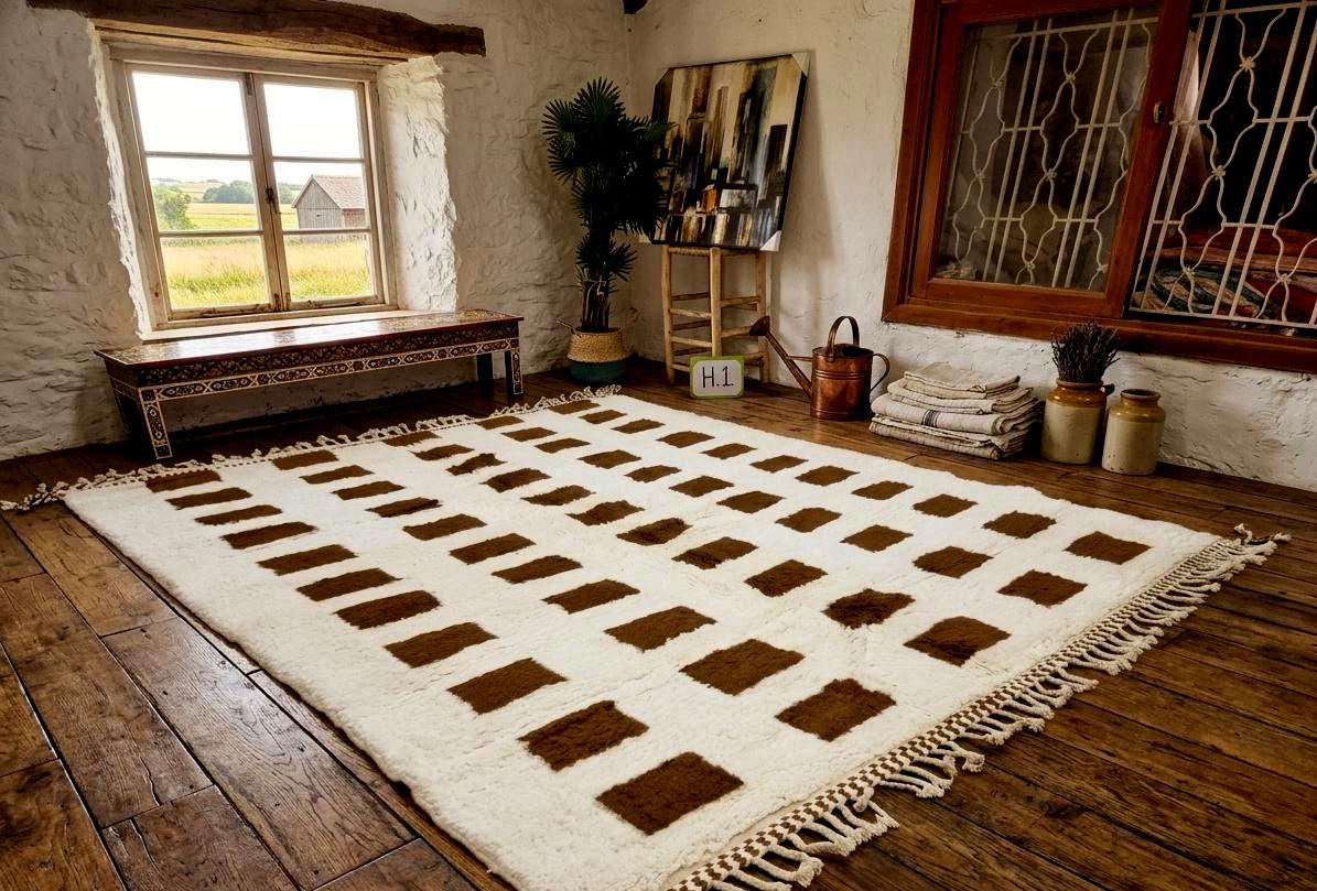 Checkerboard Beni Ourain Rug, Moroccan Handmade Wool Rug, White Brown Berber Carpet, Tribal Area Rug, Soft Sheep Wool Rug