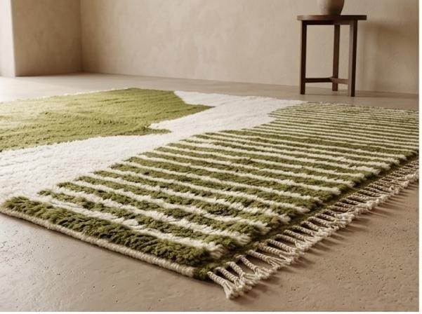 Moroccan Beniourain Rug – Custom Handmade Wool Carpet, Green and White Berber Abstract Area Rug