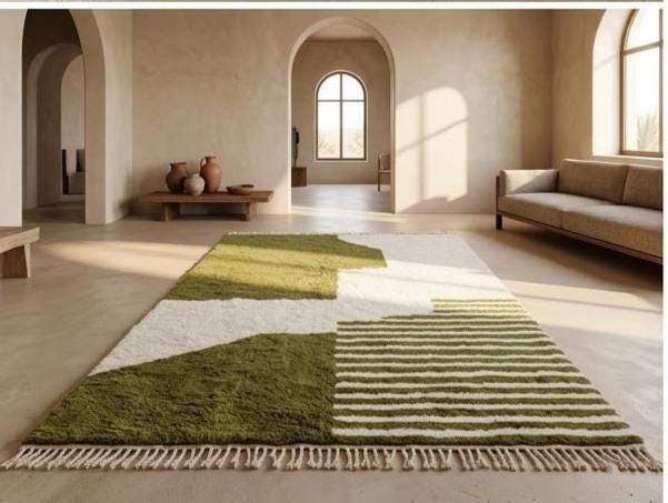 Moroccan Beniourain Rug – Custom Handmade Wool Carpet, Green and White Berber Abstract Area Rug
