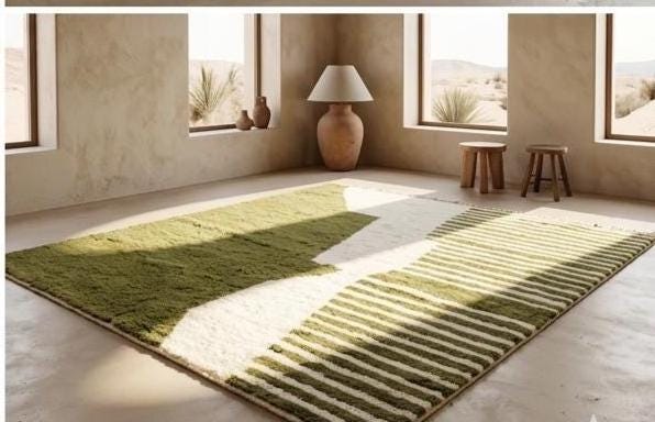 Moroccan Beniourain Rug – Custom Handmade Wool Carpet, Green and White Berber Abstract Area Rug