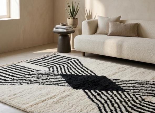 Moroccan Striped Beniourain Rug 8x9 – Handmade Berber Wool Carpet, White and Black Area Rug, Custom Size