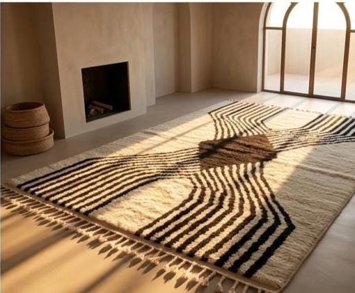 Moroccan Striped Beniourain Rug 8x9 – Handmade Berber Wool Carpet, White and Black Area Rug, Custom Size